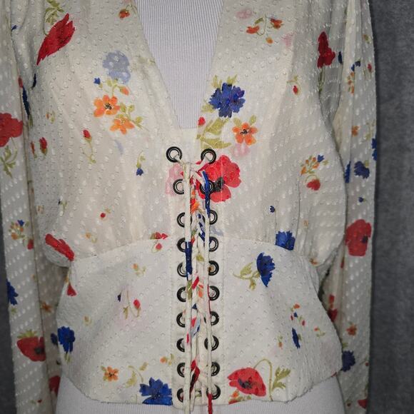 The Kooples Cream Daydream Flowers Lace-Up Floral Silk Top - Picture 2 of 7